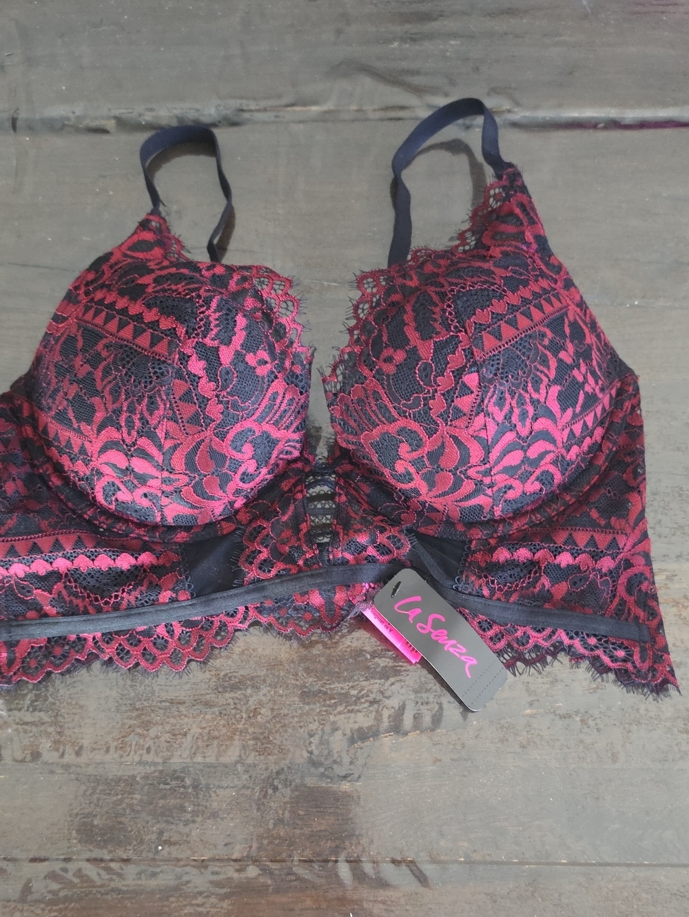 (36C) NWT La SENZA Black Burgundy Lace Longline Push-Up Bra Feminine Seductive